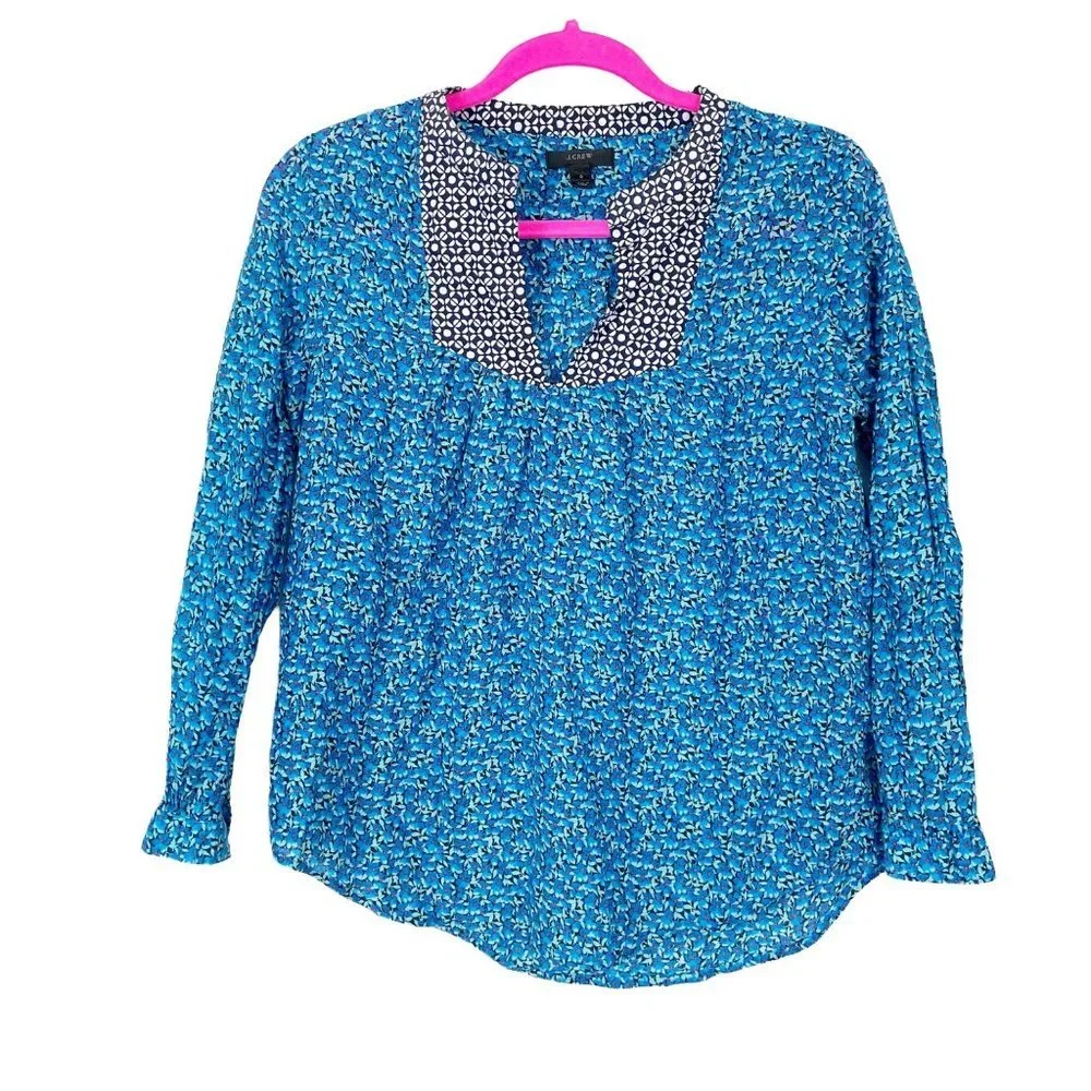 J.‎ Crew Woman's Sz 2 Blue Flower Patch Peasant Top Blouse Lightweight